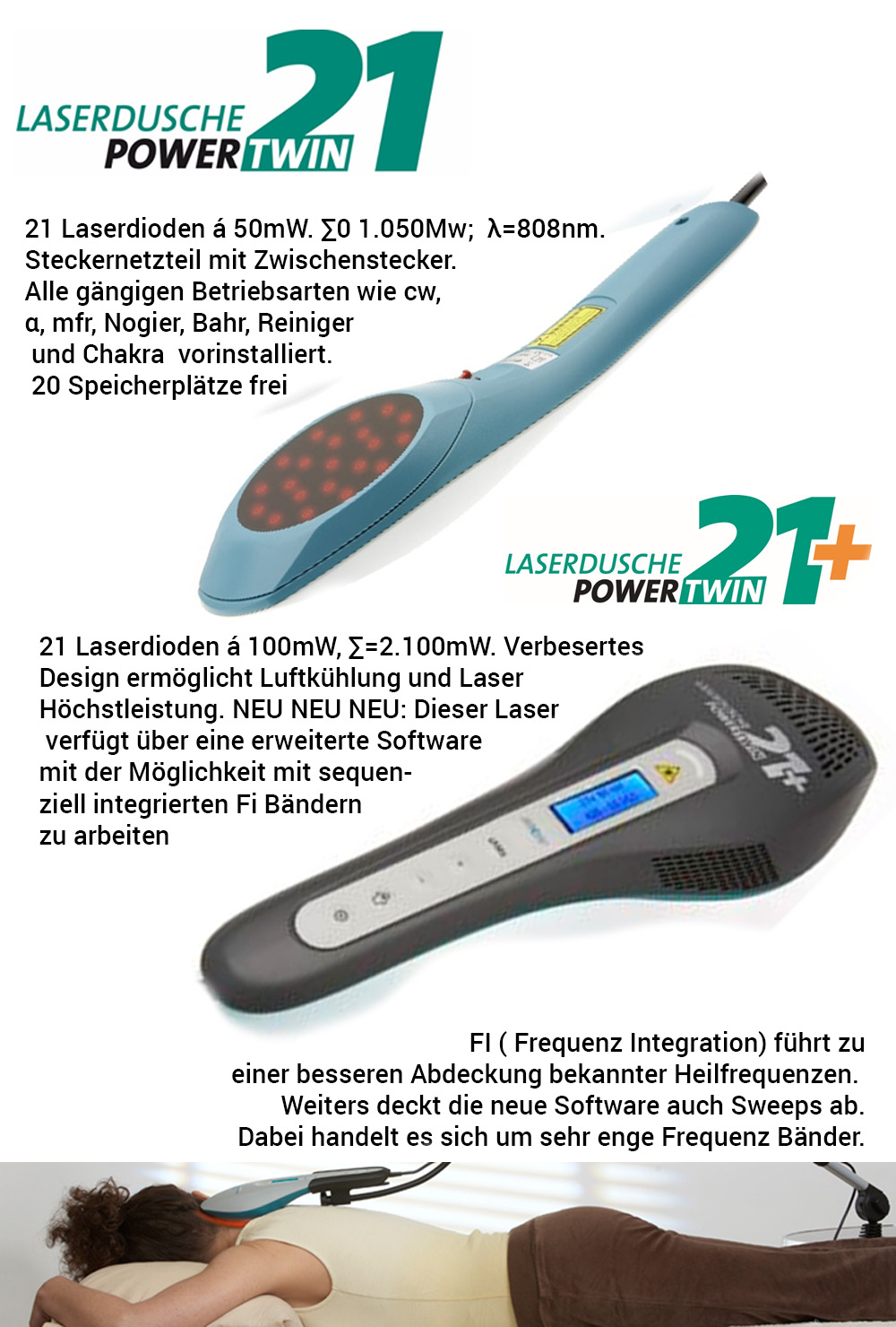 Details zu den Laserduschen PowerTwin21 und PowerTwin21plus